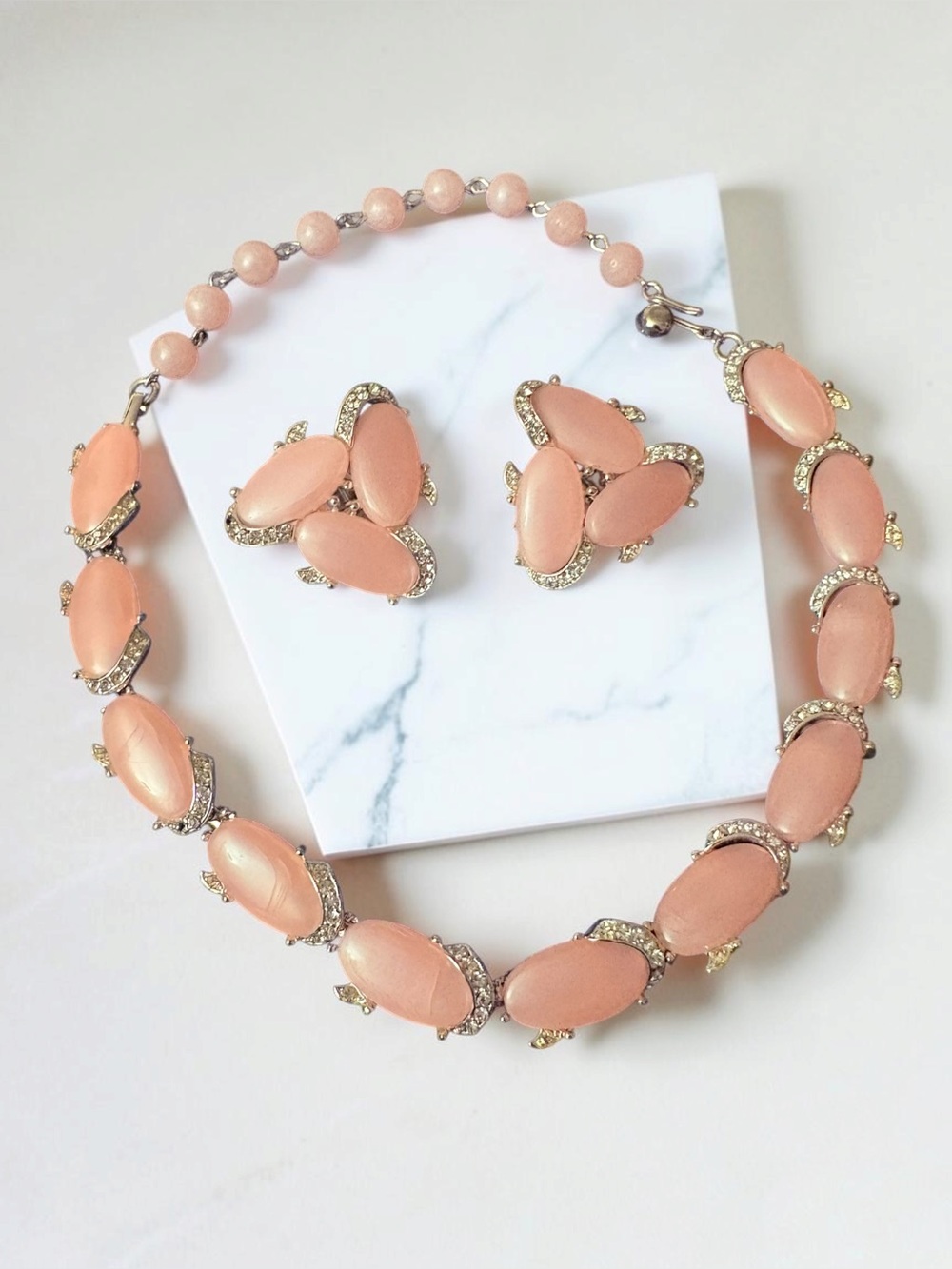 Vintage Signed Kramer Pink Moonglow Thermoset Necklace & Earring Set